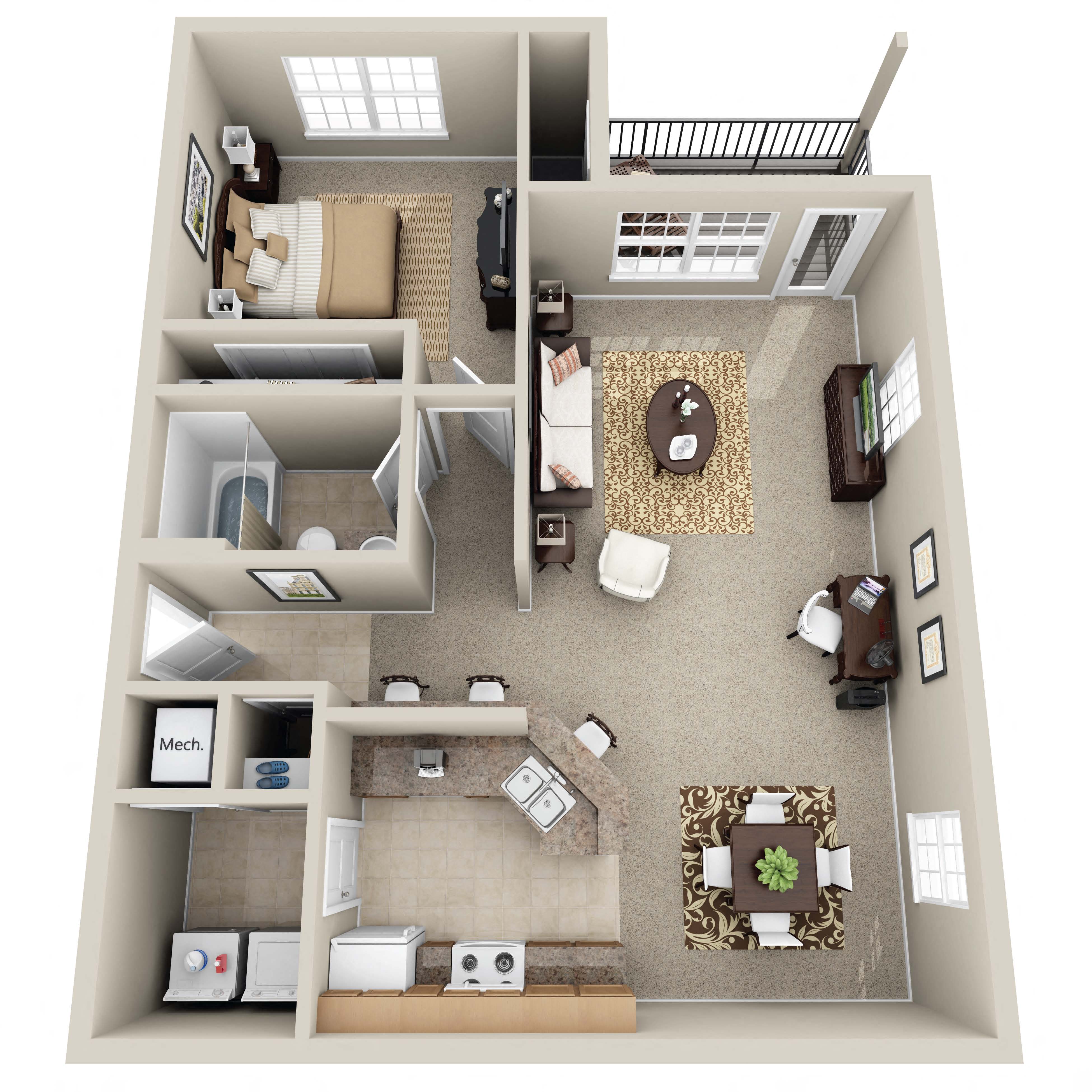 Floor plan for 1 bed, 1 bath, 869 sqft
